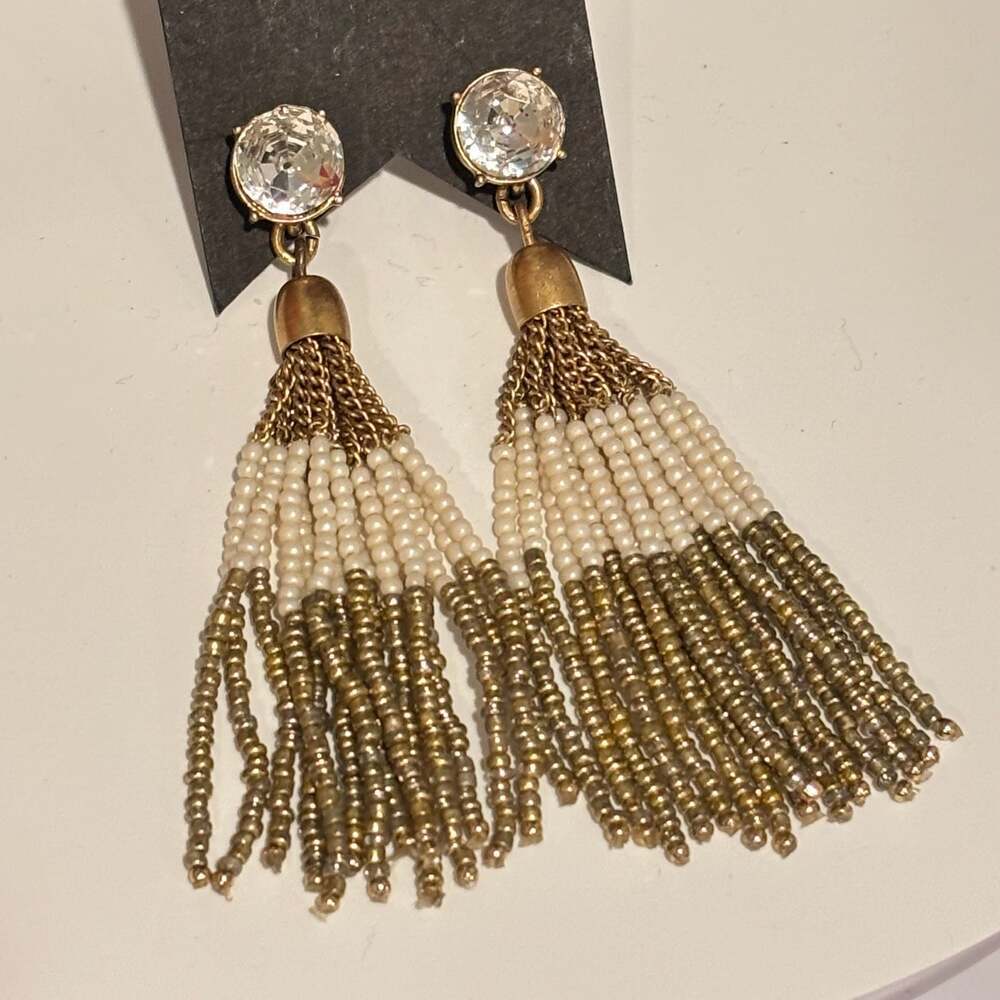 J. Crew Gold and Cream Seed Bead Tassel Crystal Post Earrings
